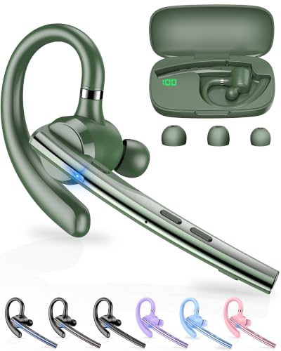 Bluetooth Headset,72H Work Single-Ear Wireless Earpiece for Cell Phone Call | 2 Charging Ways & 500mAh Charging Case,Dual Mic ENC Noise Cancel, Mute Button,V5.1 Hands-Free for Phone and Laptop - color: Solid army green