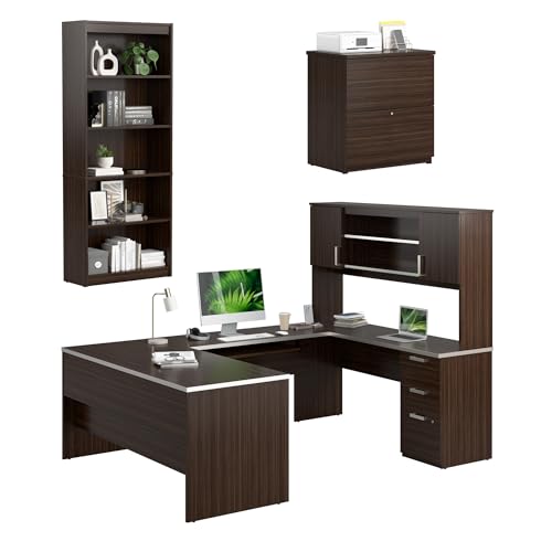 Bestar, Ridgeley Collection, 3-Piece Set Including a U-Shaped Desk with Hutch, a Lateral File Cabinet, and a Bookcase