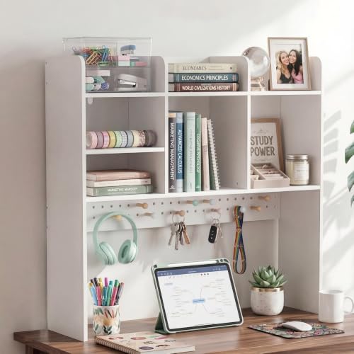 OOOK 35.8" L White Desk Hutch with Pegboard, Dorm Desk Organizer | Multipurpose Desktop Bookshelf for Dorm Office Home, 3-Tier Wooden Display Rack for Computer Desk