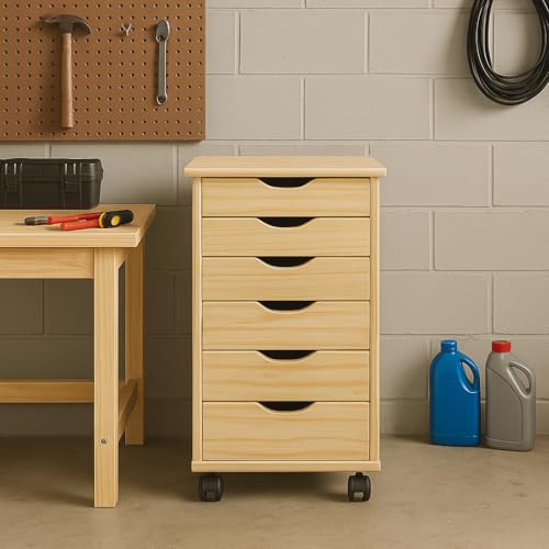 Jela-USA Solid Pine Wood 6 Drawer Rolling Cart, Natural - color: Natural, style: unspecified
