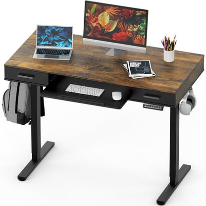 SHW 48-Inch Electric Height Adjustable Desk w/Keyboard Tray, Rustic Brown | w/ 2 Drawers | Memory Presets and Cable Management | Hanging Hooks - color: Rustic Brown