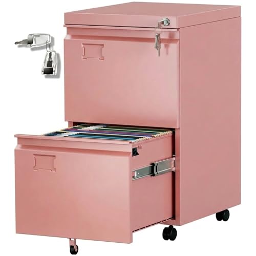 METAN Pink 2-Drawer Metal File Cabinet with Lock and Wheels | Mobile under-desk storage for Letter and Legal files with 5 casters, anti-tip support, secure lock, and required assembly. - color: Pink, size: 2 Drawer-Vertical