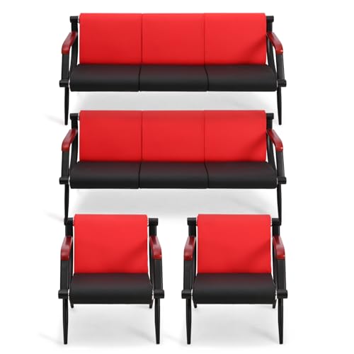 Waiting Room Chairs Bench, Office Furniture Reception Chairs with Arms, Office Guest Chairs Set of 2, Leather Chairs is Suitable for Clinic,Airport,Hospital,Barber,Salon,Bank-(2*1 seat&2*3 seat,4pcs) - color: Red&black, size: 2pcs*1-seat & 2pcs*3-seat