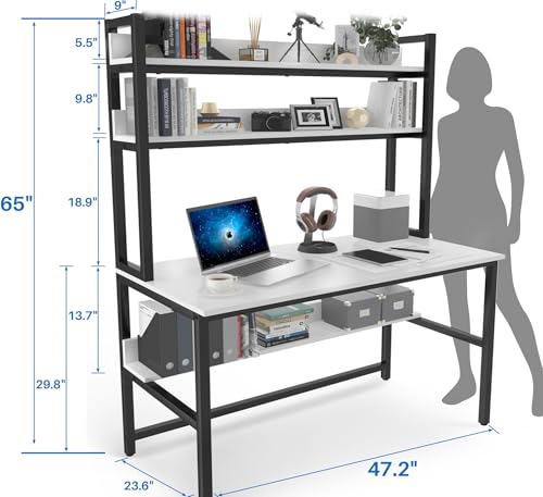 Aquzee Computer Desk with Shelves, 47" W x 23.6" D Gaming Desk with Hutch and Bookshelf, White Study Table for Bedroom Space Saving with 3 Tier Storage Shelf, Home Office Desk for Writing Work - color: White, size: 47inch