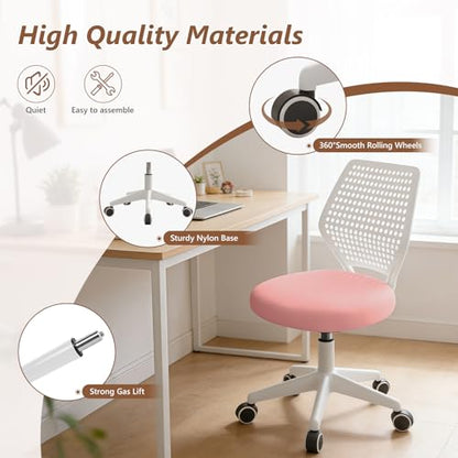 Small Office Chair with Wheels, Armless Desk Chair Height Adjustable Swivel Rolling Task Chair Breathable Mesh Ergonomic Computer Work Chair for Adult, Pink