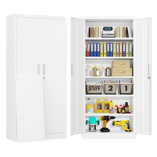 BESFUR Metal Storage Cabinets with Locking Doors and Adjustable Shelves, 71" H Steel Storage Cabinet for Garage, Office, Classroom - White - color: White, size: 71"H x 32"W x 16"D