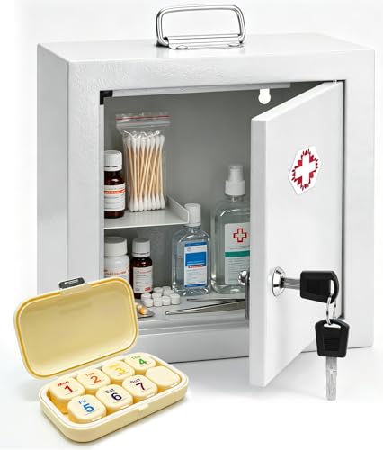 Lockable Wall-Mounted Medicine Cabinet with Key, Metal Medicine Organizer for Bathroom,Featuring Interior Shelf & Door Storage,Portable First Aid Cabinet with Top Handle,Weekly Pill Organizer Included - size: 9.9 x 4.7 x 9.9 inches