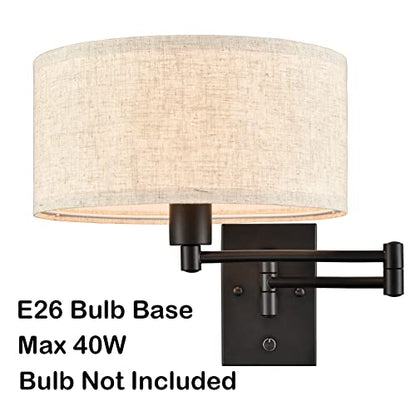 SAMTEEN Plug in Wall Sconce Swing Arm Wall Lamp with Linen Drum Shade | Modern Farmhouse Black Sconces Lighting with ON/OFF Switch Plug Cord, Beige Fabric Shade Wall Lamps for Bedroom Living Room