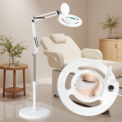 Facial 10X Magnifying Lamp for Esthetician, 2500 Lumens, Stepless Dimmable, Adjustable Swing Arm, LED Lighted Standing Mag Floor Lamp for Eyelash Extensions, Tattoo, Crafts, Nail Art, Pedicure - color: White