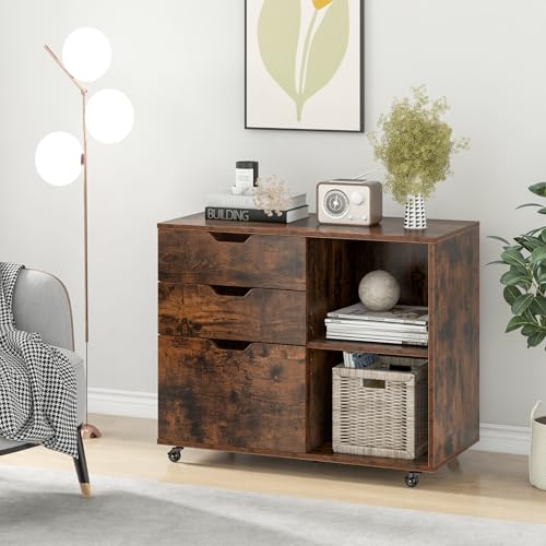 LOKO 3-Drawer File Cabinet, Rolling Lateral Filing Cabinet (Rustic Brown) - color: Rustic Brown