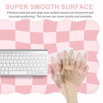L-SPOUTTO Pink Mouse Pad,Geometric Desk Mat XXL Large Scalloped Gaming Mousepad,35.4x15.7in Non-Slip Rubber Base Keyboard Pad Waterproof Desktop Mat for Laptop Computer Game Home Office-Checkered - color: Pink Checkered