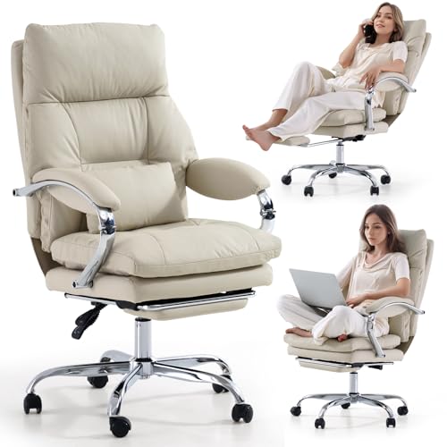 Office Chair with Foot Rest, Ergonomic Executive Chairs with Arms | 155° Reclining High Back PU Leather Comfy Swivel Computer Desk Chairs with Wheels and Lumbar Support for Home Office, Cream - color: Cream