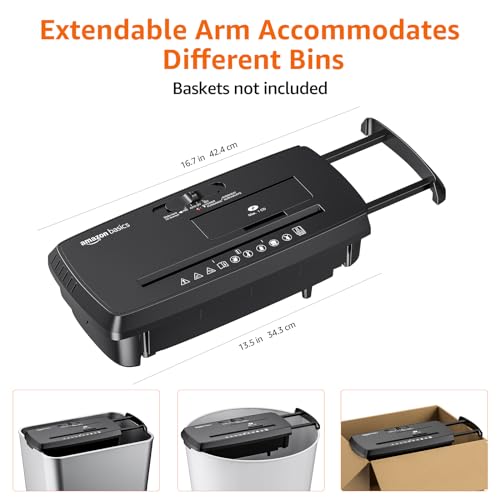 Amazon Basics 8-Sheet Strip Cut Portable Paper, CD, and Credit Card Shredder with Auto-Off, Overheat Protection, Compact Design, No Basket, Extendable Arm, Black - style: No basket