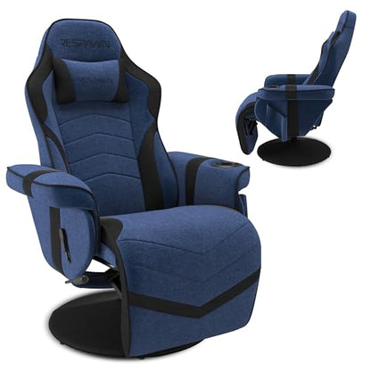 Respawn 900 Gaming Recliner Chair with Footrest, Cup Holder and Swivel | Ergonomic gaming recliner with footrest, cup holder, lumbar support, 135° recline & 360° swivel for console gaming - color: Blue Fabric