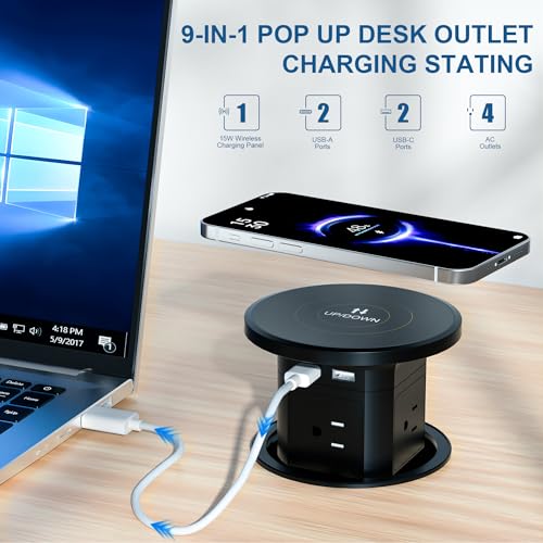 9-in-1 Pop-Up Outlet with Wireless Charging for Kitchen & Office | 9-in-1: 4 AC + 4 USB + wireless charging. 2500W, 100-240V. 4-1/8" cutout. Hidden hub for kitchen, office, conference table - color: Black