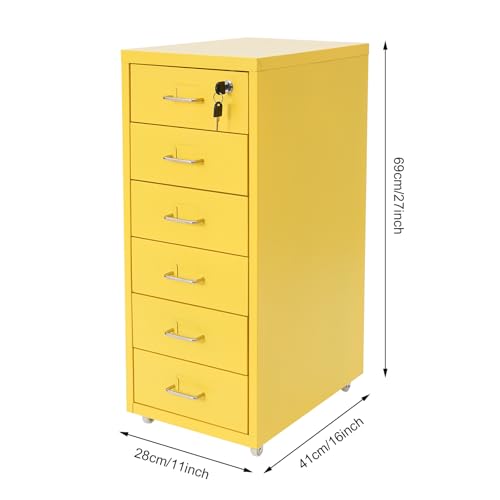 6 Drawers File Cabinet with Lock Rolling Mobile Filing Cabinet with Wheels Under Desk Vertical Filing Cabinet for Office/Home Metal (Yellow) - color: Yellow