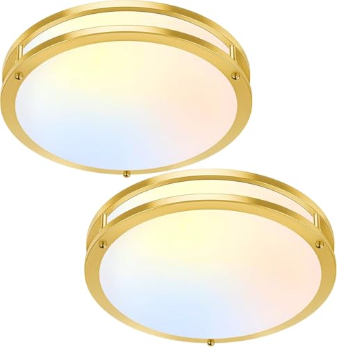 TOBUSA 16in 50W LED Flush Mount Ceiling Lights 5600lm Super Bright, Dimmable LED Light Fixtures 2700K-6500K 5CCT Adjusted, 2-Pack Modern Light Fixture Ceiling for Living Room Bedroom Kitchen, Gold - color: Brushed Gold-5CCT-2, size: 16 inch