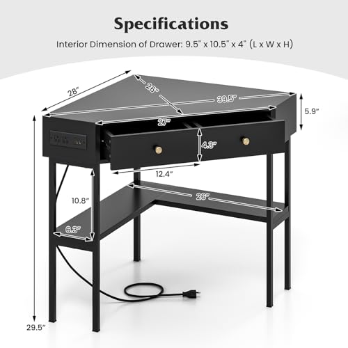 Tangkula Corner Desk with 2 Drawers & Built-in Charging Station, 90 Degrees Triangle Computer Desk for Small Space, Bedroom Makeup Vanity Desk with Storage Shelves, Corner Writing Desk