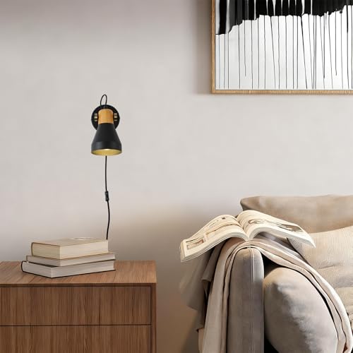 Modern Plug-in Wall Sconces, Matte Black | Adjustable Reading Light, Real Wood Accent, For Bedroom, Living Room, Apartment, Home Office - color: Matte Black+Wood Accent