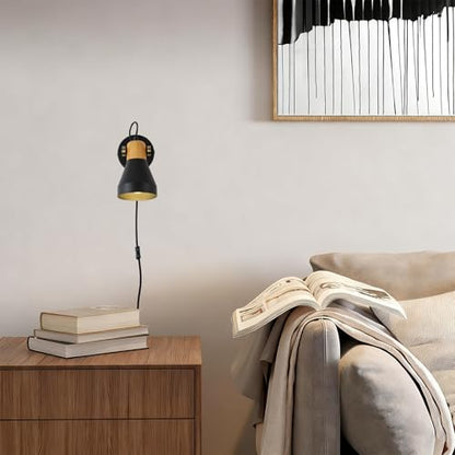Modern Plug-in Wall Sconces, Matte Black | Adjustable Reading Light, Real Wood Accent, For Bedroom, Living Room, Apartment, Home Office - color: Matte Black+Wood Accent
