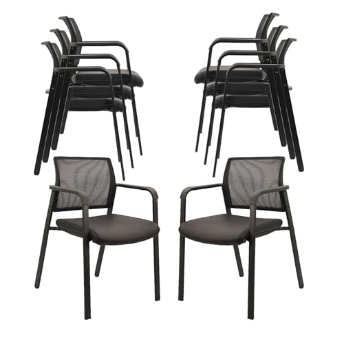 CLATINA Stackable Office Chair, Mesh Back Guest Chairs with Comfortable Leather Seat Arms Stacking Ergonomic Desk Chair No Wheels for Conference Waiting Reception School Stationary, Black, Set of 8 - color: Black Leather, size: 8 pack