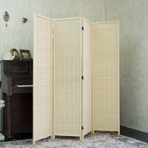 Furnnylane 4 Panel Bamboo Room Divider - 5.6 ft Tall Folding Privacy Screen, Natural Beige Freestanding Partition Wall for Home Office & Room Separation (67" H x 61.4" W) - color: Beige, size: 4 Panel