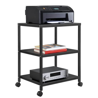 Under Desk Printer Stand with Wheels, 3-Tier Heavy Duty Rolling Cart with Adjustable Storage Shelf, Industrial Printer Table for Printer, Scanner, Home, Office, Black