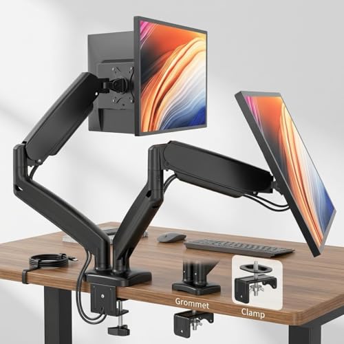 Dual Monitor Mount, Gas Spring Monitor Arm for 2 Monitors up to 32 Inches, Fully Adjustable VESA Desk Mount with C-Clamp and Grommet Base, Black