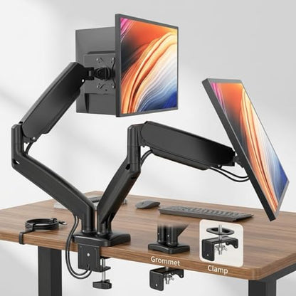 Dual Monitor Mount, Gas Spring Monitor Arm for 2 Monitors up to 32 Inches, Fully Adjustable VESA Desk Mount with C-Clamp and Grommet Base, Black