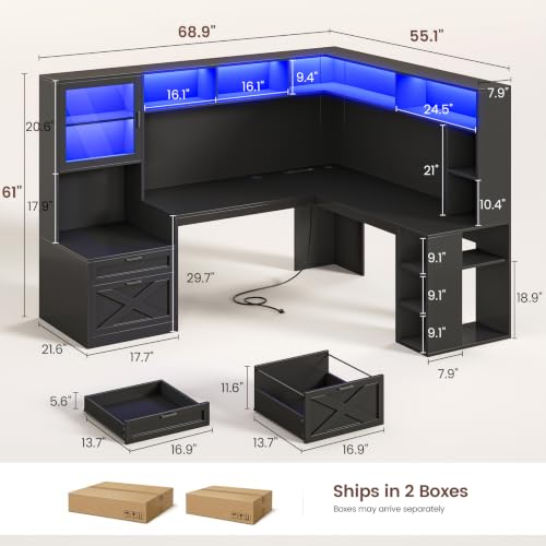 SEDETA 68" Farmhouse L Shaped Computer Desk with Hutch, Storage Drawers - color: Black, size: 68 inches