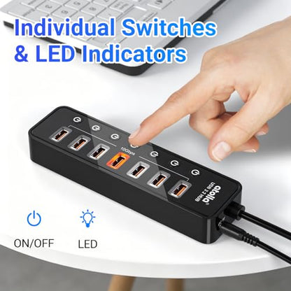 Powered USB Hub 3.2, atolla 8-Port USB 3.2/USB C Hub, Powered USB C Hub with 7 USB-A 10Gbps ports +1 Smart Charging port, Individual On/Off Switches, LEDs, 20W Power Adapter for PC/Laptop, Flash Drive - size: 8-Port USB 3.2 Hub
