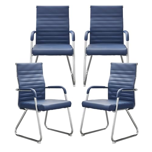 Okeysen Office Guest Chairs Set of 4, Modern Leather Reception Chairs with Mid Back & Sled Base, No-Wheel Desk Chairs for Waiting Room & Conference Room - color: Blue Leather/Silver Frame, size: Set of 4