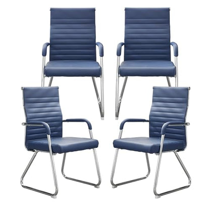 Okeysen Office Guest Chairs Set of 4, Modern Leather Reception Chairs with Mid Back & Sled Base, No-Wheel Desk Chairs for Waiting Room & Conference Room - color: Blue Leather/Silver Frame, size: Set of 4