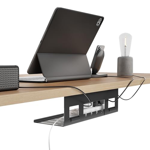 PEGZONE Under Desk Cable Management Tray, 15.7'' Screw-Mount Steel Rack | Metal Cord Organizer for Power Strips, Chargers, Reversible Installation, Effortless Wire Management for Home Office, Black - color: Black, size: 15.7"