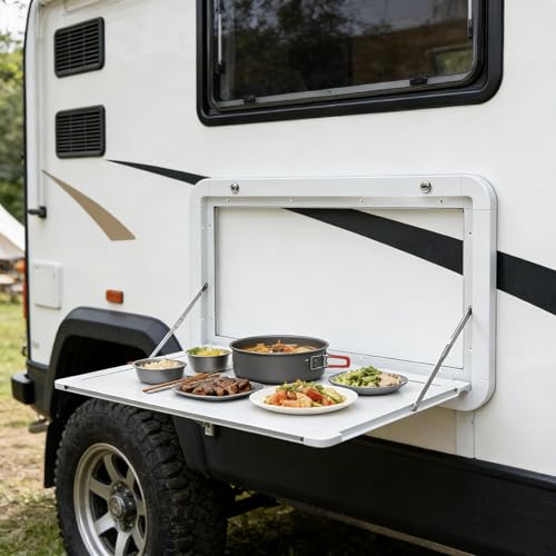 31.5 in Foldable Caravan Rv Tables, Aluminum Alloy Flip Fold Down Desk Lockable RV Folding Wall Table for Camper Van Traile Outside Picnic, Wall Mounted Folding Table Rv Picnic Table
