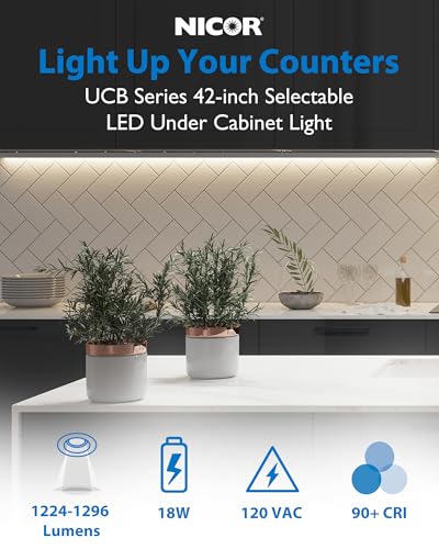 42” LED Direct Wire Under Cabinet Light with On/Off Switch - LED Lights for Kitchen - Selectable CCT 2700K-5000K, 1224-1296 Lumens, 18W - UCB Hardwired Under Cabinet Lighting by NICOR Lighting - size: 42, style: Switch