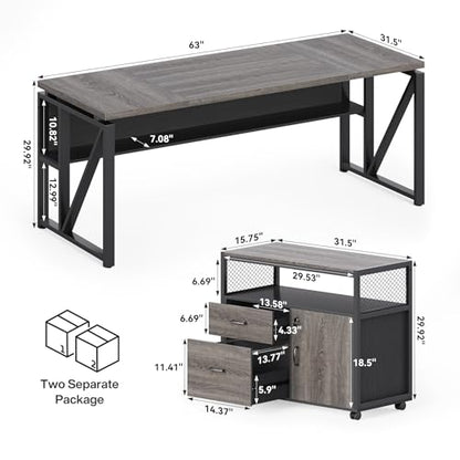 LITTLE TREE 63-Inch Office Desk with 31.5-Inch Lateral File Cabinet, Study Writing Desk Computer Desk for Home Office - color: Grey