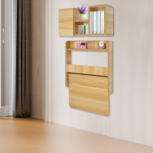 Wall Mounted Folding Table with Booksheves,Floating Desk with Bookcase,Wooden Fold Down Laptop Table for Small Space,Home Office, Bedroom,Study Room,Dorm,Wood Color - color: Wood Color