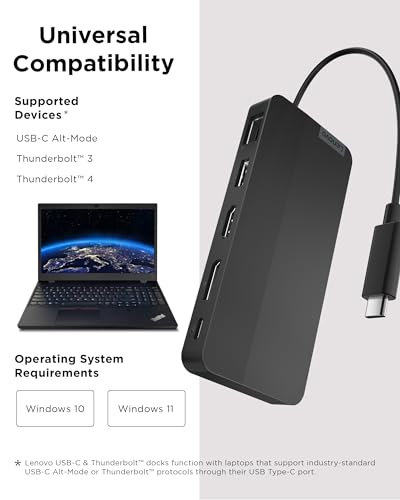 Lenovo USB-C Dual Display Travel Dock - 7 Ports, Integrated Cable, Universal Compatibility, Two displays at 4K - Black - style: USB Dock