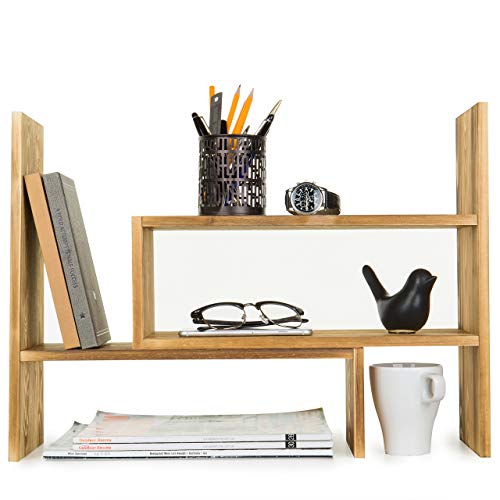 MyGift Adjustable Dark Brown Solid Wood Desktop Storage Organizer Display Shelf Book Rack, Home Office Desk Decor Bookshelf - color: Dark Brown