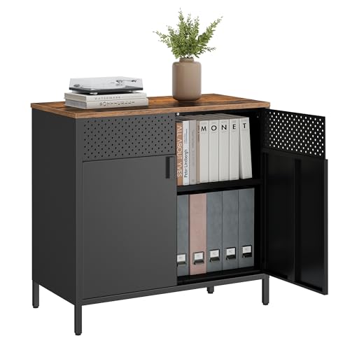SONGMICS Storage Cabinet, Sideboard with Adjustable Shelves - color: Rustic Brown + Black, size: 31.5"W, style: 1 pack