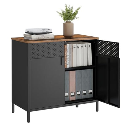 SONGMICS Storage Cabinet, Sideboard with Adjustable Shelves - color: Rustic Brown + Black, size: 31.5"W, style: 1 pack