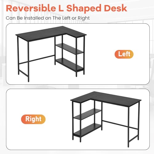 BLKMTY L-Shaped Computer Desk with Storage Shelves, 43" Home Office Corner Desk for Small Spaces, Reversible Study Writing Table Workstation, Black - size: 43 Inches