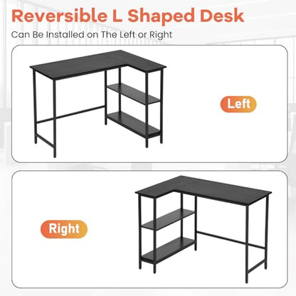BLKMTY L-Shaped Computer Desk with Storage Shelves, 43" Home Office Corner Desk for Small Spaces, Reversible Study Writing Table Workstation, Black - size: 43 Inches