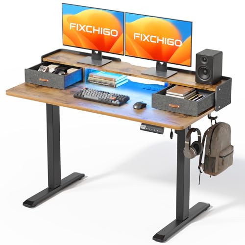 Electric Standing Desk with Drawers, 48 Inch Height Adjustable Desk with Power Outlets & LED Lights, Sit Stand Table with Monitor Stand for Home, Office, Brown - color: Brown, size: 48×24 Inch Rectangular with Drawers