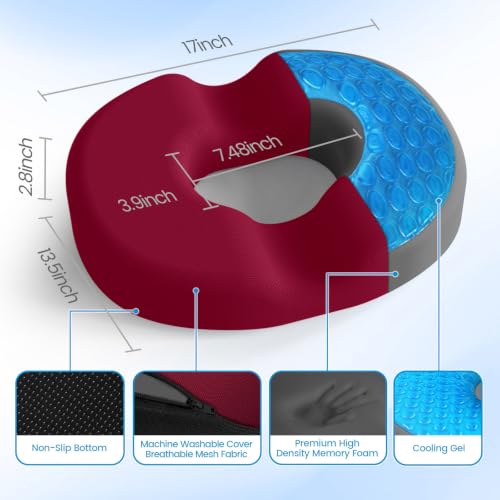Donut Pillow Seat Cushion, Cooling Gel Memory Foam Chair Cushion, Red - color: Red, size: Large