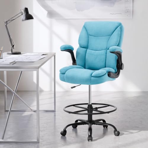 500LBS Drafting Chair, High Back Safer Standing Desk Chair, Executive Tall Office Chair with Flip-up Armrests, Upholstered Fabric Task Chair, Ergonomic Seat with Adjustable Height&Foot Ring, Blue - color: Blue