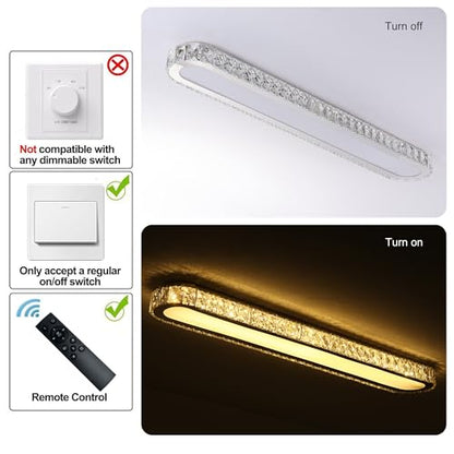Qcyuui Dimmable LED Ceiling Light 39.4'' Kitchen Lighting Fixtures Ceiling Modern Luxury Crystal Ceiling Light with Remote Chrome Long Ceiling Light Fixture for Kitchen Dining Room Hallway,48W - color: Chrome/Dimm/48W/39.4IN/Crystal, size: 39.4in