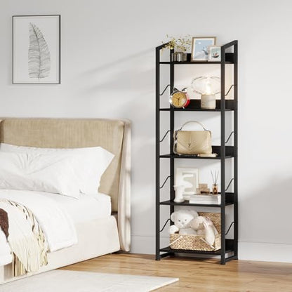 Hosfais 5 Tier Tall Bookshelf: Industrial Wood Book Shelf with Edge Protection Metal Narrow Bookshelf Bookcase Storage Organizer Display Rack for Living Room Home Office (Black) - color: Black