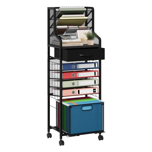 SWTYMIKI 10-Tier Rolling File Cart - Mesh Paper Organizer with Drawer and Hanging File Folders on Lockable Wheels, Rolling File Cabinet for Office Organization, Storage in Home, Studio, School, Black - color: Black, size: 14.37x43.31in